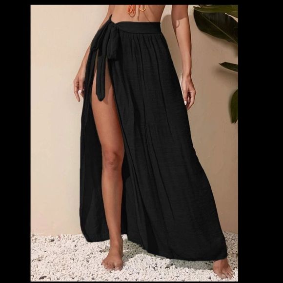 RESTOCKED sizes Wrap skirt cover up black tie bathing suit coverup - Picture 1 of 5